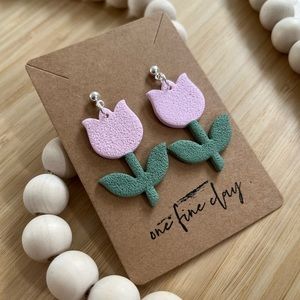 Tulip Flower Clay Dangle Earrings in Pink & Green